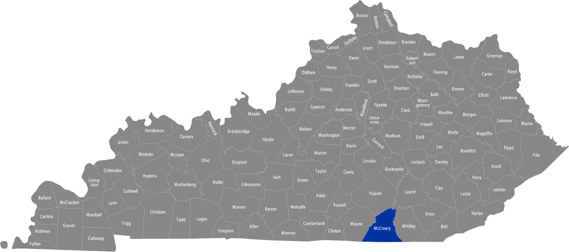 State of Kentucky map with McCreary County highlighted 